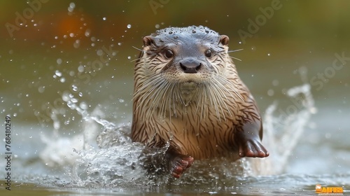 A playful otter tumbles through the water its sleek fur glistening with droplets as it splashes with joy.