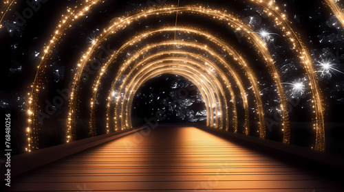 Empty street with a tunnel of string lights