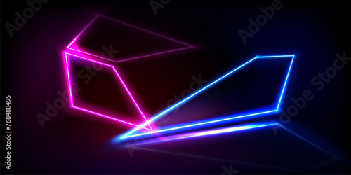 Abstract neon light arrow line background in vector. Blue and pink futuristic laser effect banner. Shine led night bar geometric show backdrop. Bright color cyber design for party with direction sign