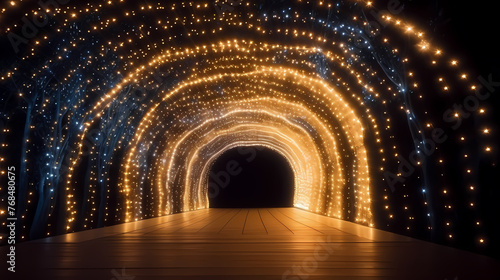 Empty street with a tunnel of string lights