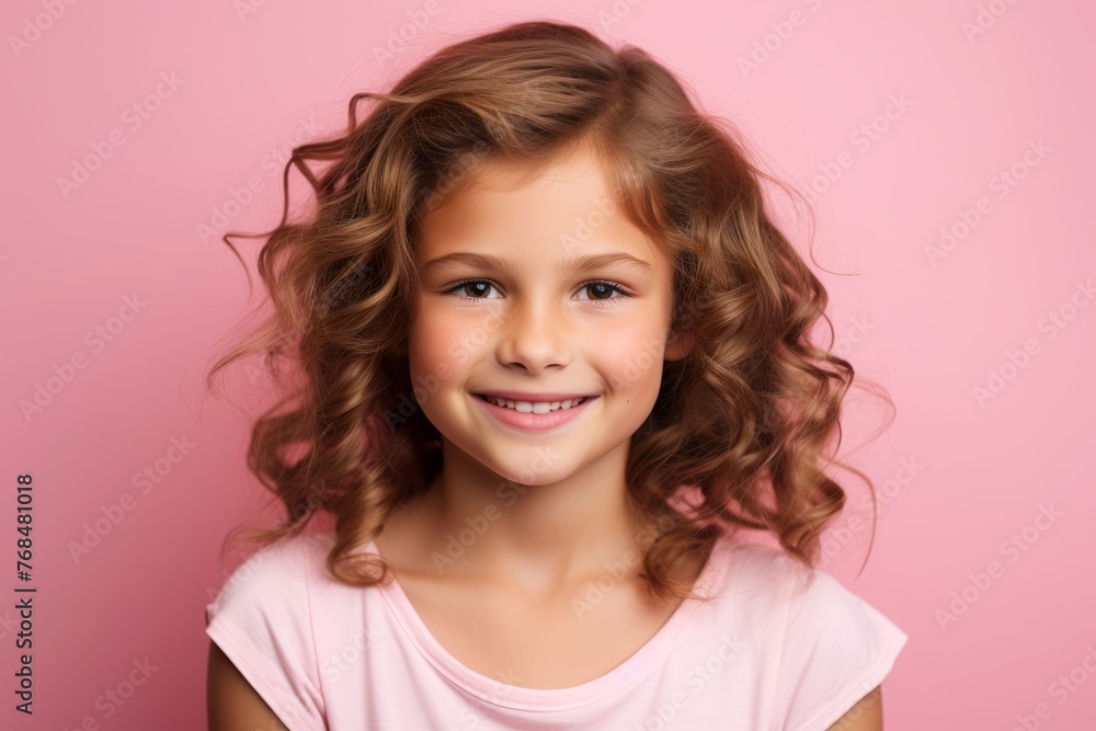 Portrait of a cute little girl with curly hair over pink background Portrait of a cute little girl with curly hair over pink background