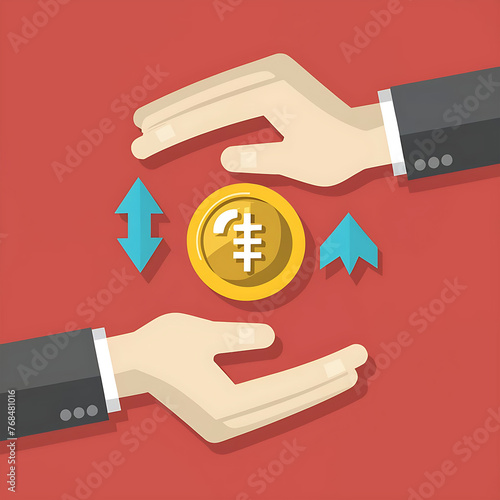 Coin and two right left arrows on hand. Financial service,currency exchange, stock investment, revenue generation, stock market, money transfer concept. Generative AI photo