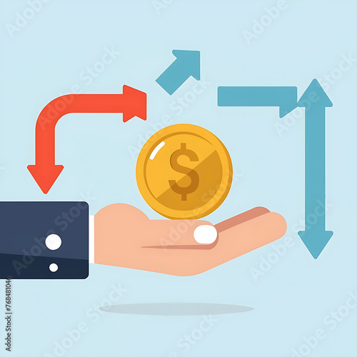 Coin and two right left arrows on hand. Financial service,currency exchange, stock investment, revenue generation, stock market, money transfer concept. Generative AI photo