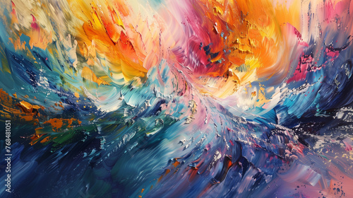 Cascading waves of vibrant pigments frozen in a moment of chaotic beauty, creating an abstract tapestry of dynamic energy.