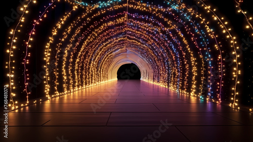 Empty street with a tunnel of string lights