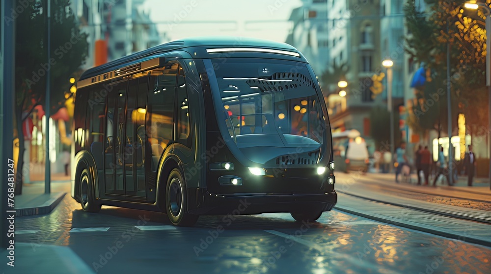 An autonomous electric bus autonomously navigates the streets, showcasing the advancements in smart vehicle technology, depicted in a 3D render.
