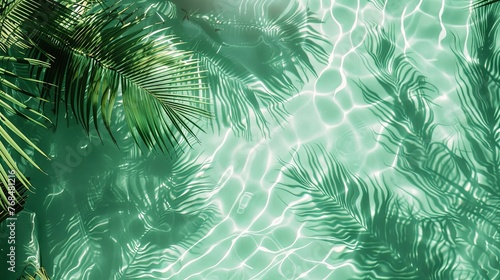 Water background palm leaf shadow on abstract white sand beach background  sun lights on water surface  beautiful abstract background concept banner for summer vacation at the beach green aqua texture