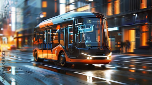 An autonomous electric bus autonomously navigates the streets, showcasing the advancements in smart vehicle technology, depicted in a 3D render. photo