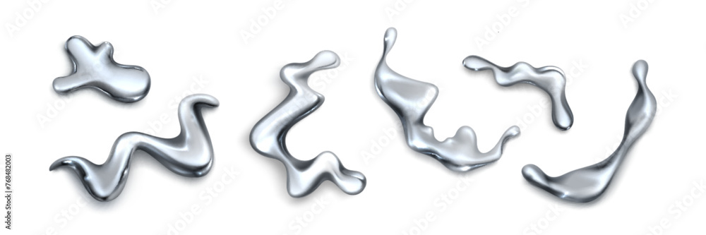Obraz premium 3d liquid chrome shape, abstract y2k metal object. Fluid graphic element set. Modern trendy mercury blob form collection. Aesthetic platinum reflective decoration. Realistic minimalism drop paint