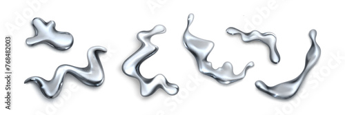 3d liquid chrome shape, abstract y2k metal object. Fluid graphic element set. Modern trendy mercury blob form collection. Aesthetic platinum reflective decoration. Realistic minimalism drop paint