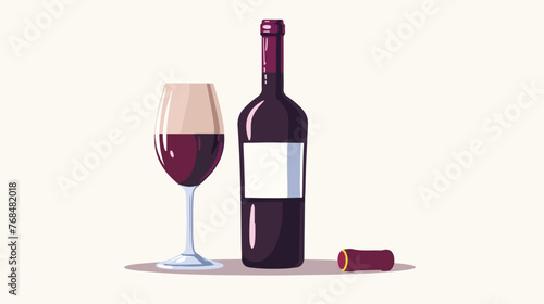 Illustration of wine bottle and empty glass flat vector