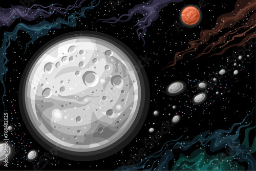 Vector Fantasy Space Chart, horizontal astronomical poster with cartoon design dwarf planet Ceres with asteroid belt in deep space, decorative futuristic cosmo print with black starry space background