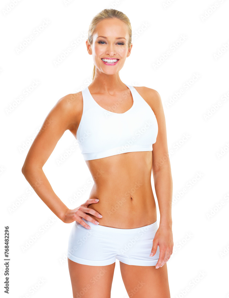 Portrait, confidence and happy woman in underwear for fitness, wellness or healthy body. Slim, female person and abdomen of model for exercise, training or sport isolated on white studio background Portrait, confidence and happy woman in underwear for fitness, wellness or healthy body. Slim, female person and abdomen of model for exercise, training or sport isolated on white studio background
