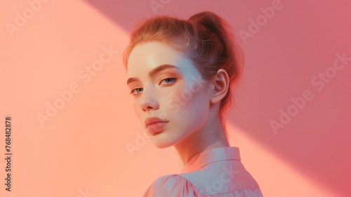 high fashion portrait of a young woman in pastel colors gradient background.