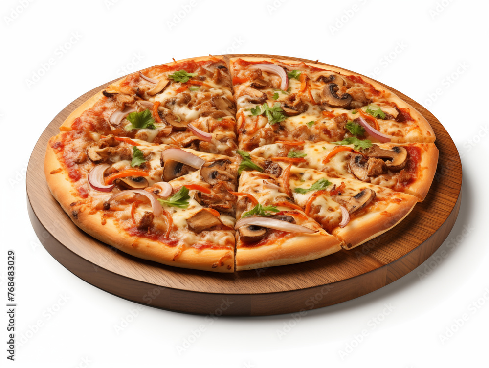 Side view of pizza isolated on white background. Photo for restaurant menu, advertising, delivery, banner