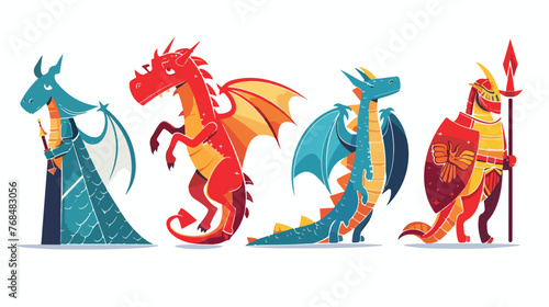knights and dragons flat vector isolated on white background