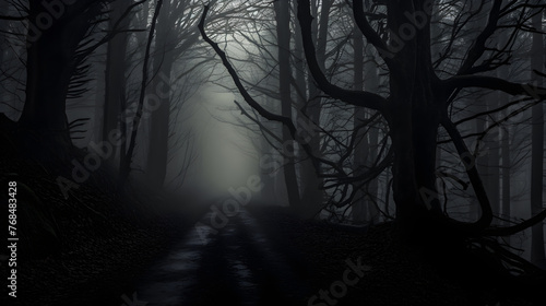 Mysterious Eerie Forest under the Menacing Overcast Sky - A Scene from the Nightmare or Fairy Tales