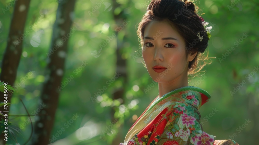 Japanese woman in a traditional kimono on green park background. Female in asian clothes. Japanese woman in a traditional kimono on green park background. Female in asian clothes.