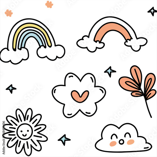 Wallpaper Mural Cute kid scribble line flower, heart. rainbow background. cloud children draw style design elements background. Vector illustration. Generative AI Torontodigital.ca
