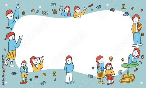 お金や投資について学ぶ若者・子供たちのタイトル用イラストフレーム