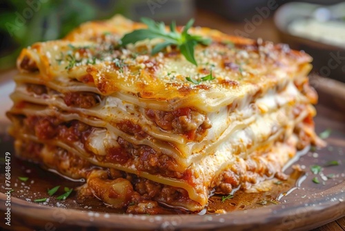 a piece of delicious lasagne on a wooden plate - food close-up