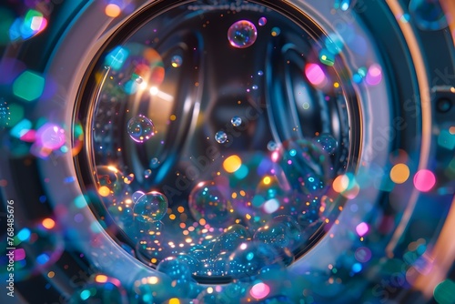 AI-Enhanced Generative Cleaning: Vibrant Bubbles in a Realistic Washing Machine. Concept AI-Enhanced Cleaning, Generative Art, Vibrant Bubbles, Realistic Washing Machine, Technology Innovations