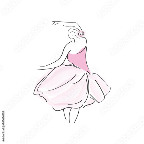 Dancing woman. Ballerina in a pink dress. Art Line.