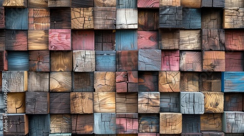 Abstract block stack wooden 3d cubes on the wall for background banner panorama, seamless pattern - Colorful wood texture for backdrop  photo