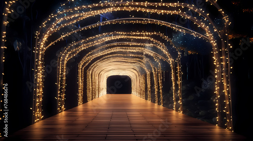 Empty street with a tunnel of string lights