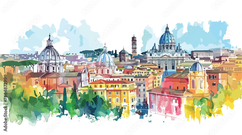 Watercolor drawing picture of city scape view of Rome