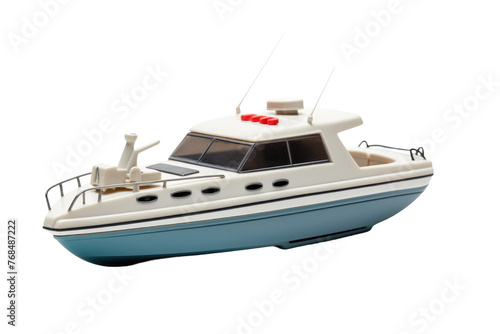 A small toy boat is floating on water, with a bright red light mounted on top of it. The boat seems to be navigating through the darkness. Isolated on a Transparent Background PNG.