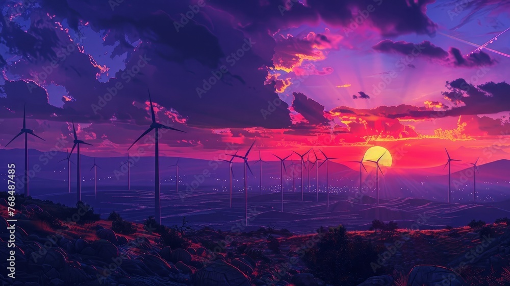 Wind turbines stand tall against the backdrop of a vibrant purple sunset, creating a picturesque scene. - obrazy, fototapety, plakaty 