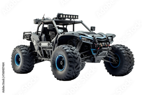A large four wheeled vehicle with oversized wheels navigates rough terrain, showcasing its robust build and rugged capabilities. Isolated on a Transparent Background PNG. © Haider