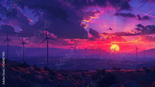 Wind turbines stand tall against the backdrop of a vibrant purple sunset, creating a picturesque scene.