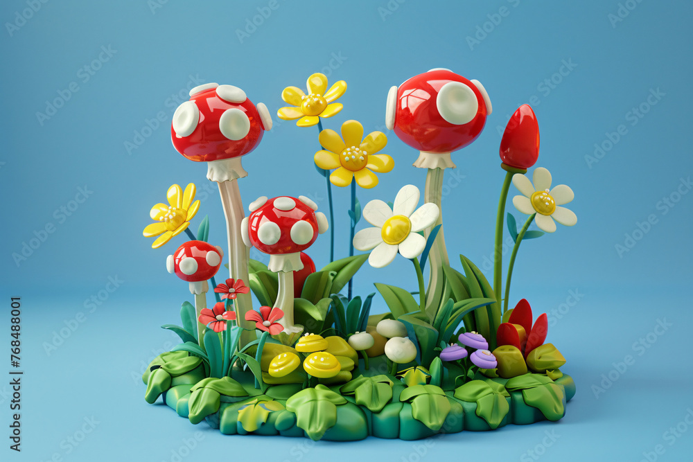 Fototapeta premium Spring nature plants and flowers 3D background, illustration of plant blooming scene in Jingzhe solar term park