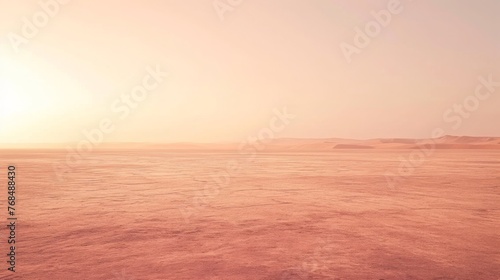 A serene expanse of dusty rose sand stretching towards a hazy apricot horizon under a pale peach sky.