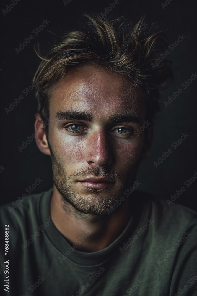 Portrait of a handsome young man in a dark room,  Men's beauty, fashion
