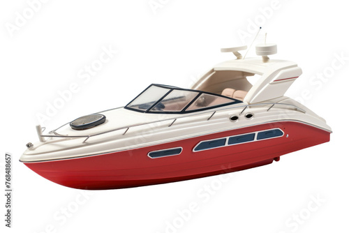 A white and red boat with a black seat floating on calm water. The boat is sturdy and well-built, with a sleek design. . Isolated on a Transparent Background PNG.