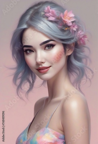 Portrait of a beautiful young woman with pink flowers in her hair