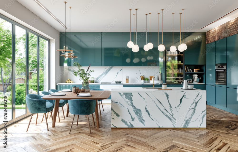 A modern kitchen with teal cabinets, white walls and marble countertops ...