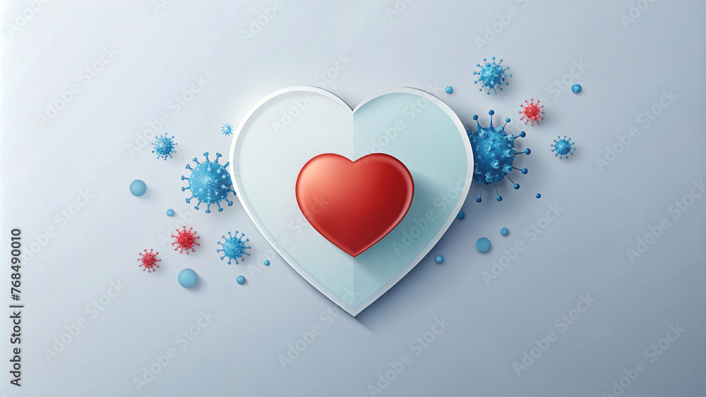 Blue and Red Heart Background with Virus Symbol Illustration in Medical Theme