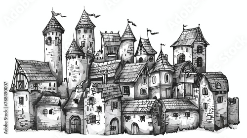 Pencil and ink illustration of a medieval fantasy 