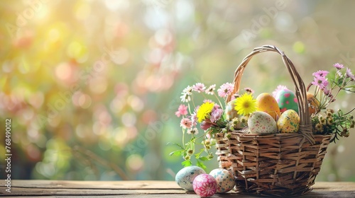 Rustic Easter Basket with Painted Eggs and Wildflowers.