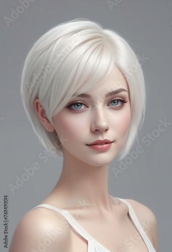 Portrait of a beautiful blonde girl with short hair on a gray background