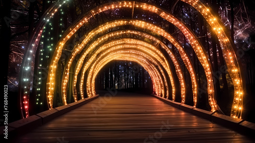 Empty street with a tunnel of string lights