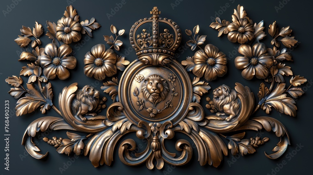 Golden Baroque Royal Lion Crest with Elaborate Floral Embellishments. Golden Baroque Royal Lion Crest with Elaborate Floral Embellishments.