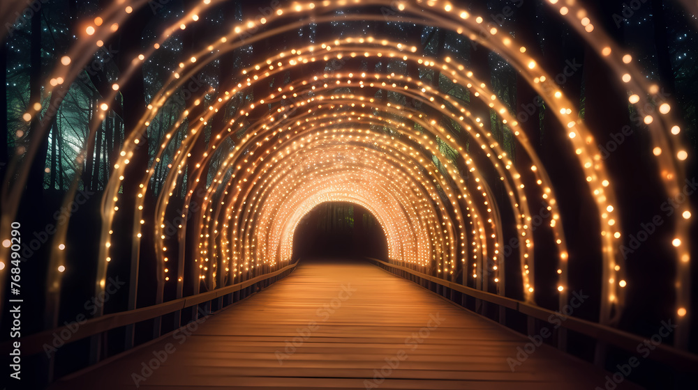 Empty street with a tunnel of string lights