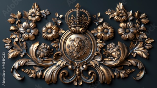 Golden Baroque Royal Lion Crest with Elaborate Floral Embellishments.