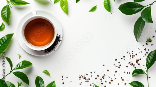 Cup of Tea and Coffee with Mint on Saucer Cup of tea and tea leaves border isolated on white background banner panorama, top view, flat lay 