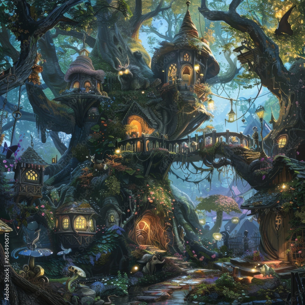 An enchanted forest teeming with whimsical creatures and towering trees, alive with vivid hues and magical charm